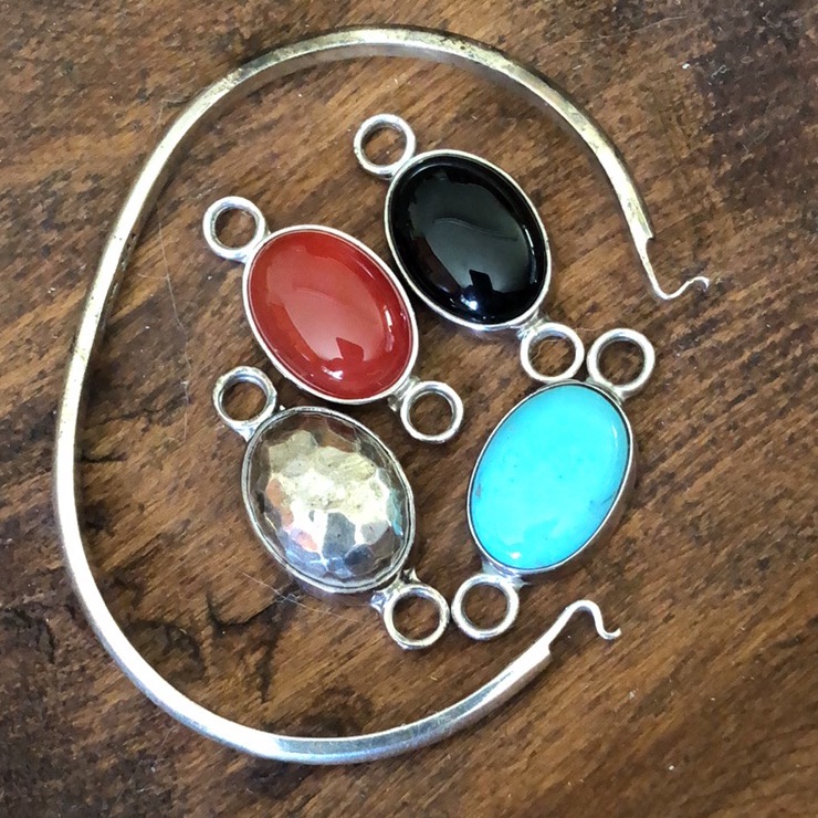 Sterling Mexico Hinged Bangle Changeable Stones 925 Hammered Focal 89$